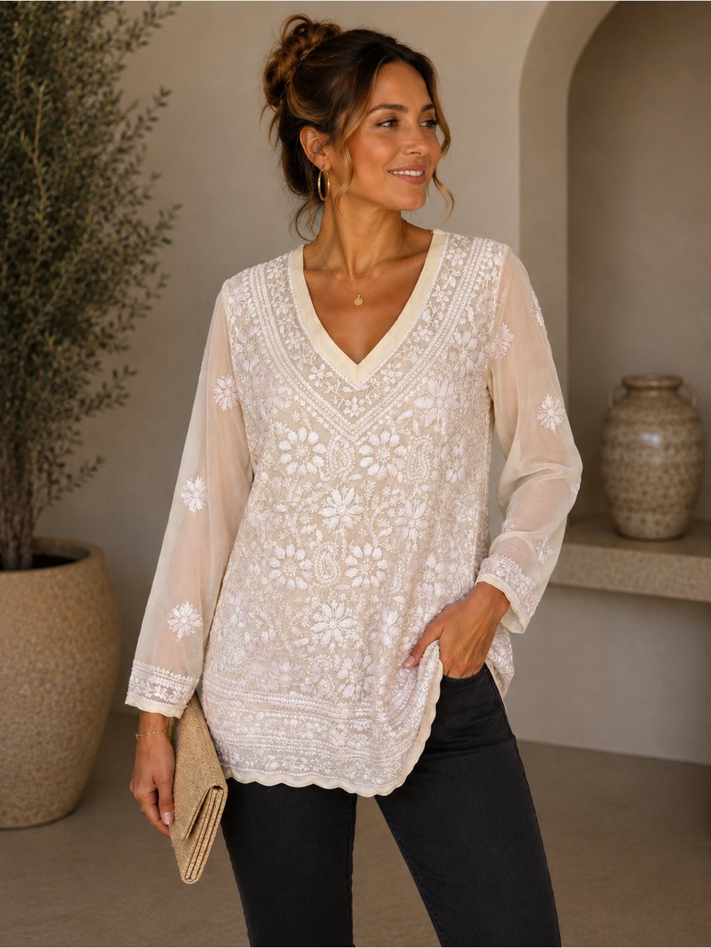 Jayshree Dalal Women's XL Hand Embroidered 100% Crepe Georgette Tunic Blouse